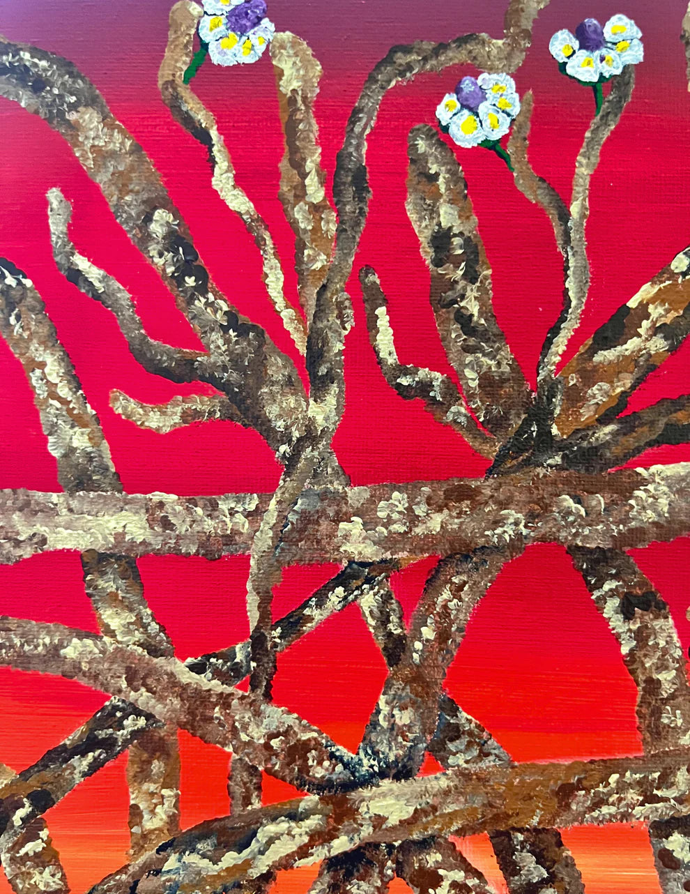 close-up detail of textured acrylic brushstrokes in floral artwork