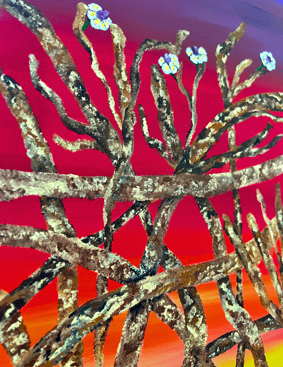 detail of contemporary floral canvas artwork with textured brushwork