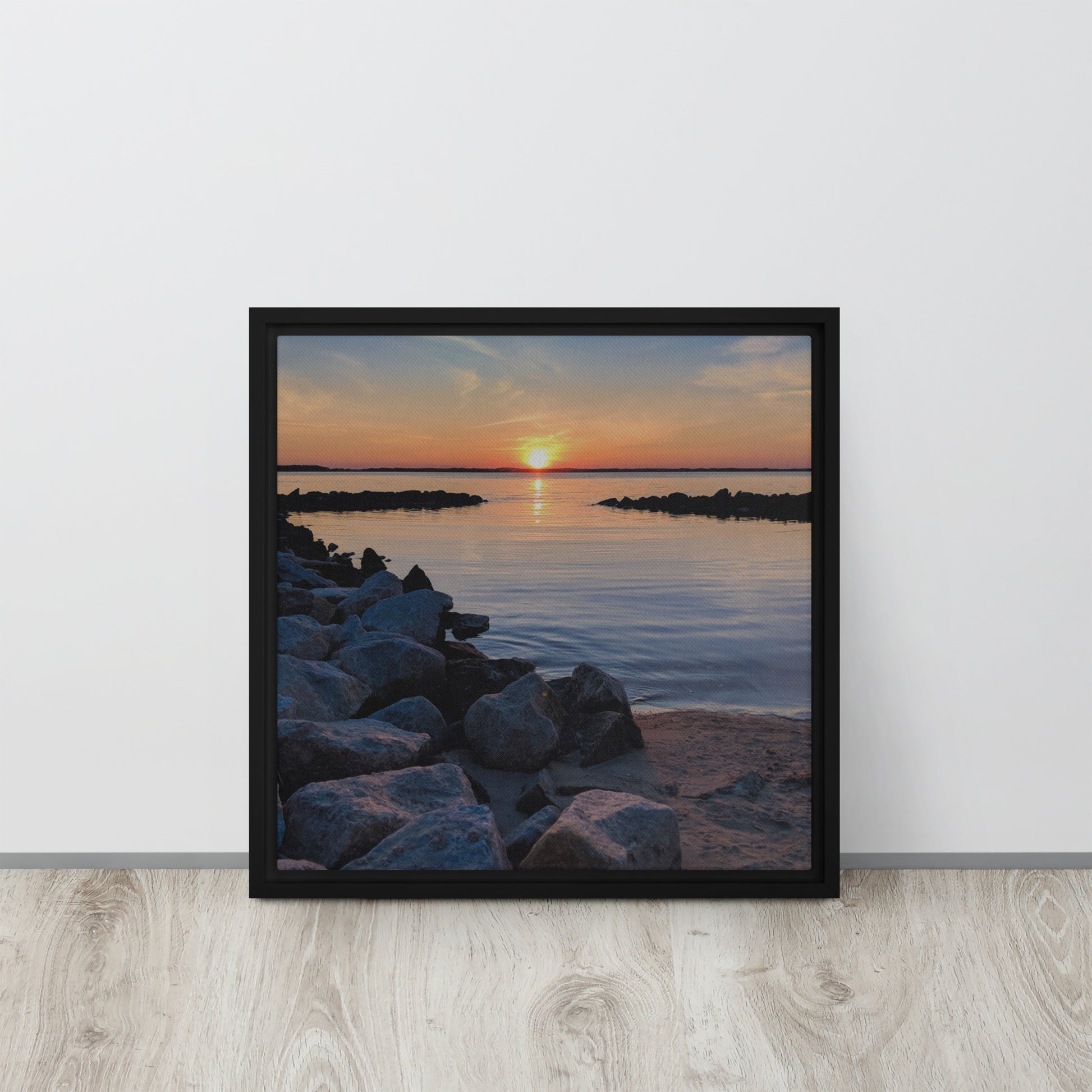 rocky beach black framed canvas print artwork