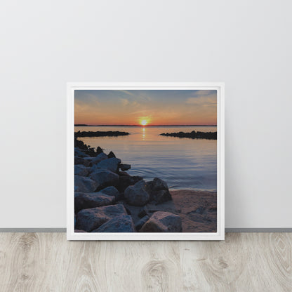 rocky beach white framed canvas print artwork