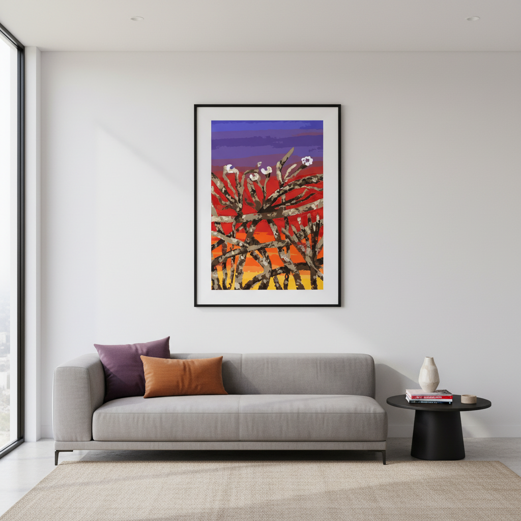 living room with botanical sunset abstract print