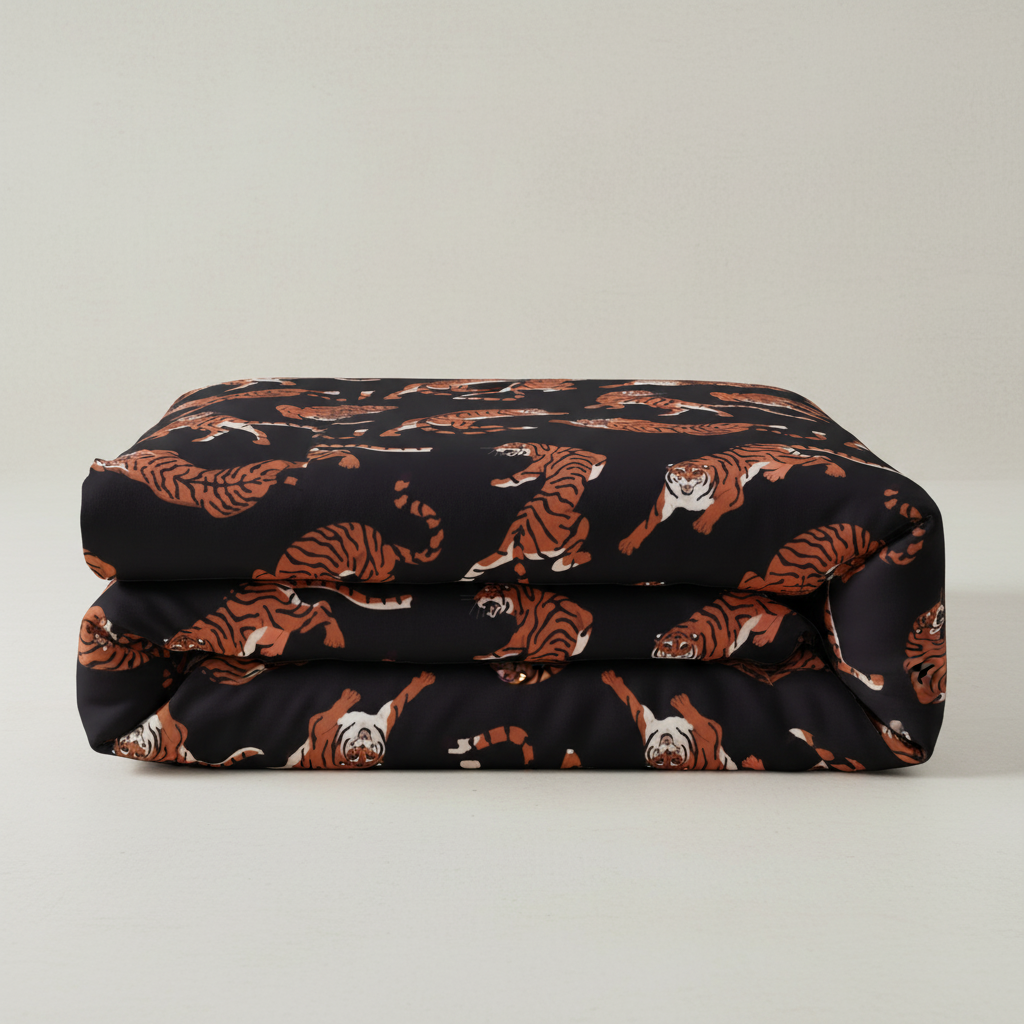 Folded blanket with tiger pattern on a plain background