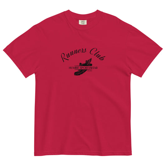 Humble Sportswear, women's runner's club t-shirt in red, heavyweight garment dyed t-shirt