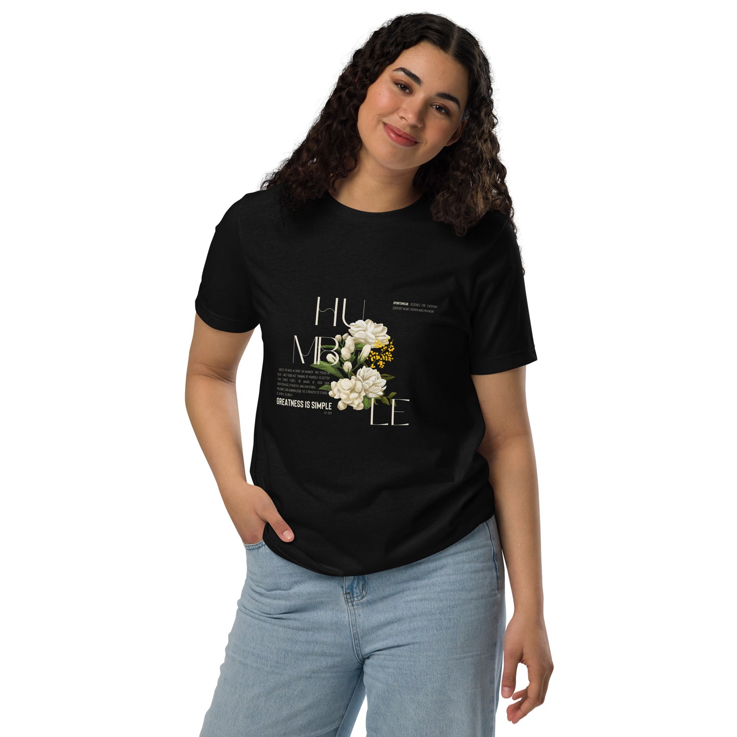 Humble Sportswear, women's black floral printed 1/8th sleeve cotton t-shirt in black