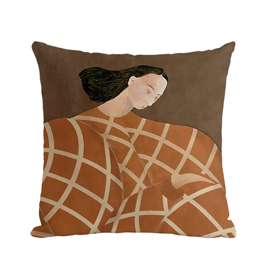 Abstract throw pillow cover with reading lady, jacquard throw pillow cover brown