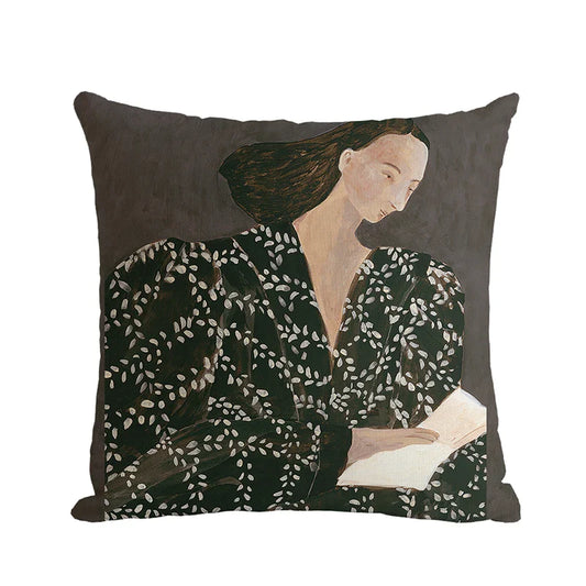 Abstract throw pillow cover with reading lady, jacquard throw pillow cover 
