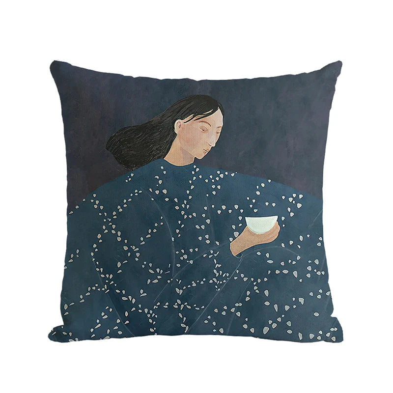 Abstract throw pillow cover with reading lady, jacquard throw pillow cover blue