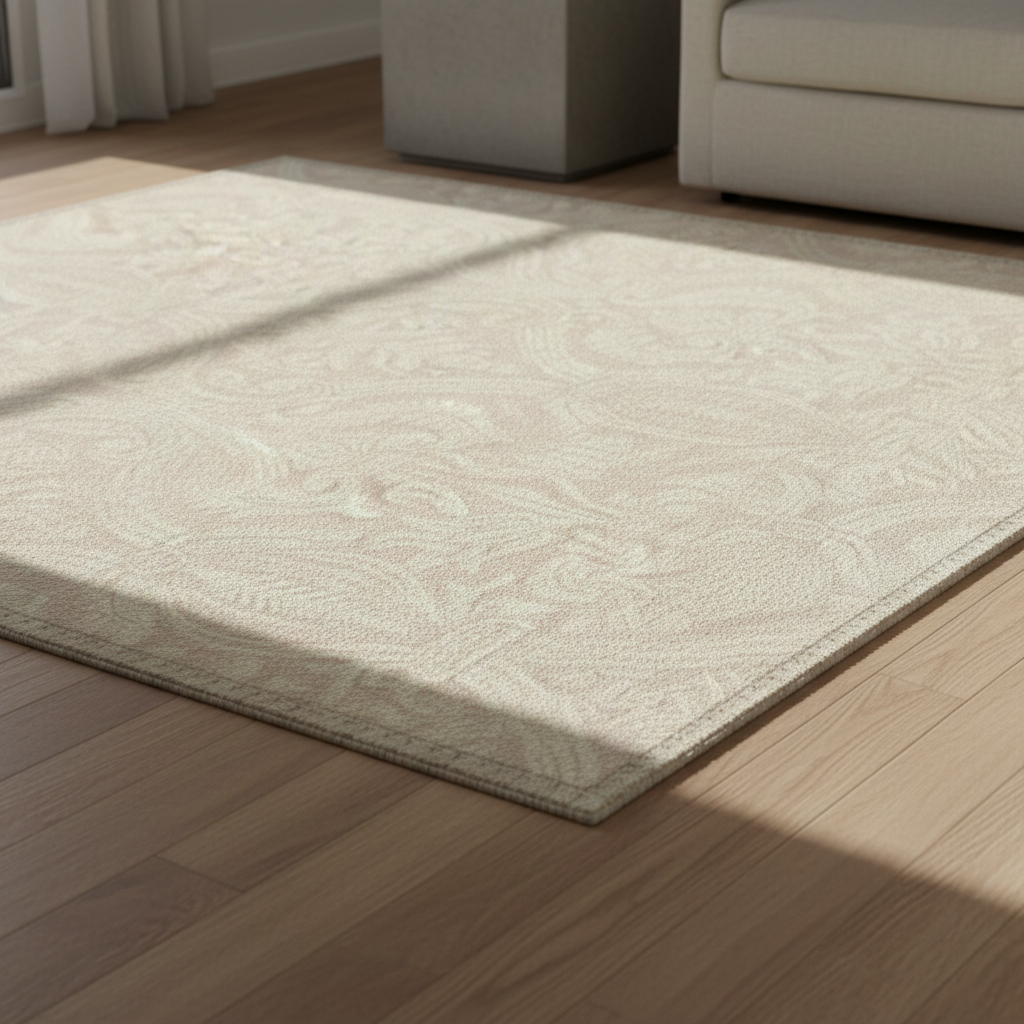 close up of dusty neutral floral rug with faded vintage texture 