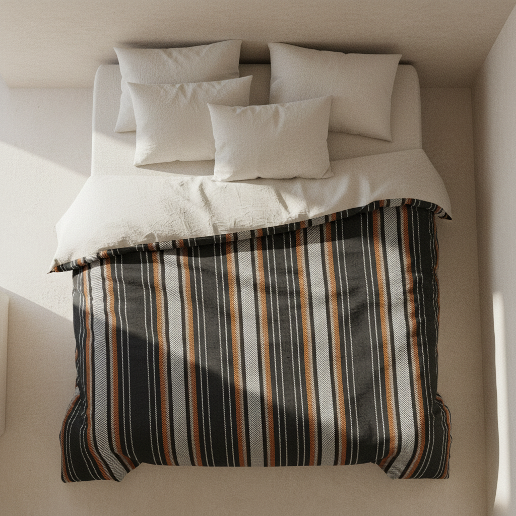 vintage black and tan striped duvet cover on a modern bed 
