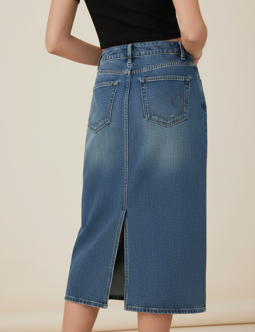 women’s casual split back vintage wash cotton blend relaxed fit denim skirt