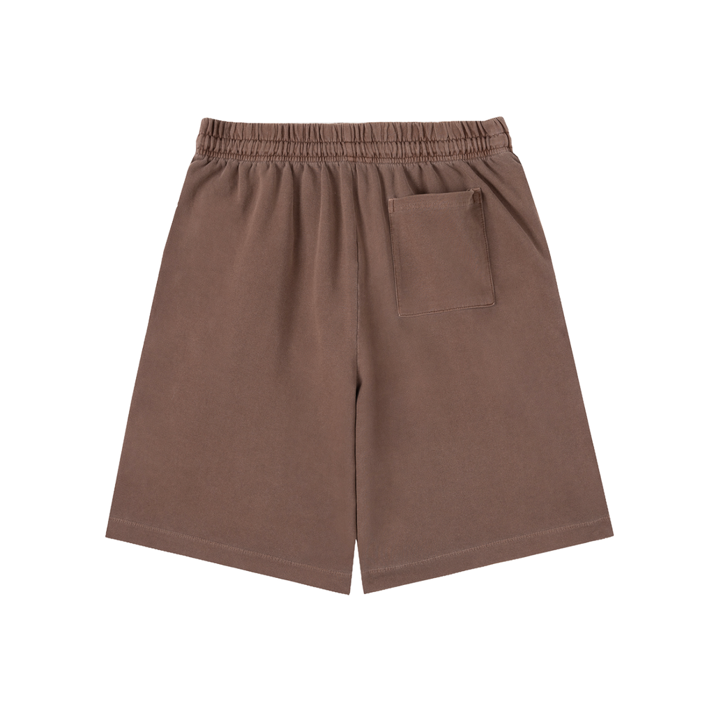 back view flat lay of brown vintage wash cotton drawstring shorts 