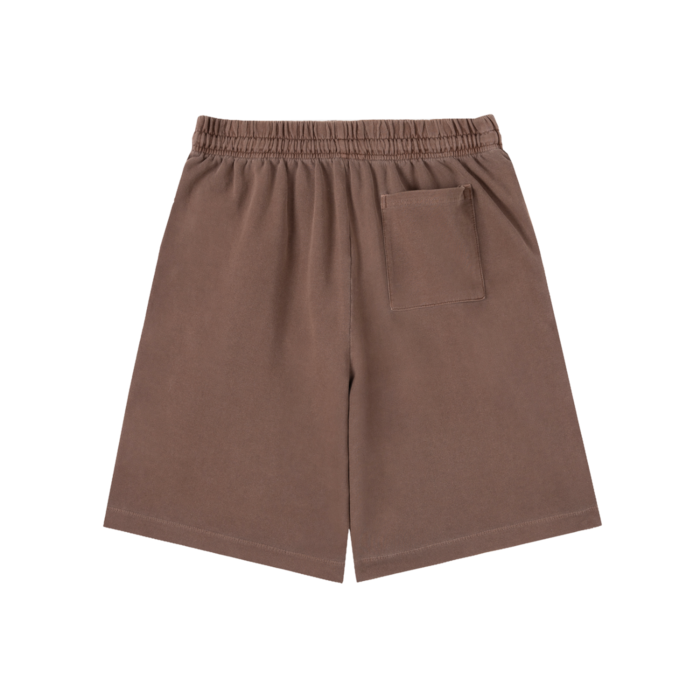 back view flat lay of brown vintage wash cotton drawstring shorts 
