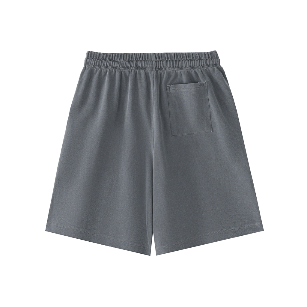 back view flat lay of grey vintage wash drawstring cotton shorts with pocket