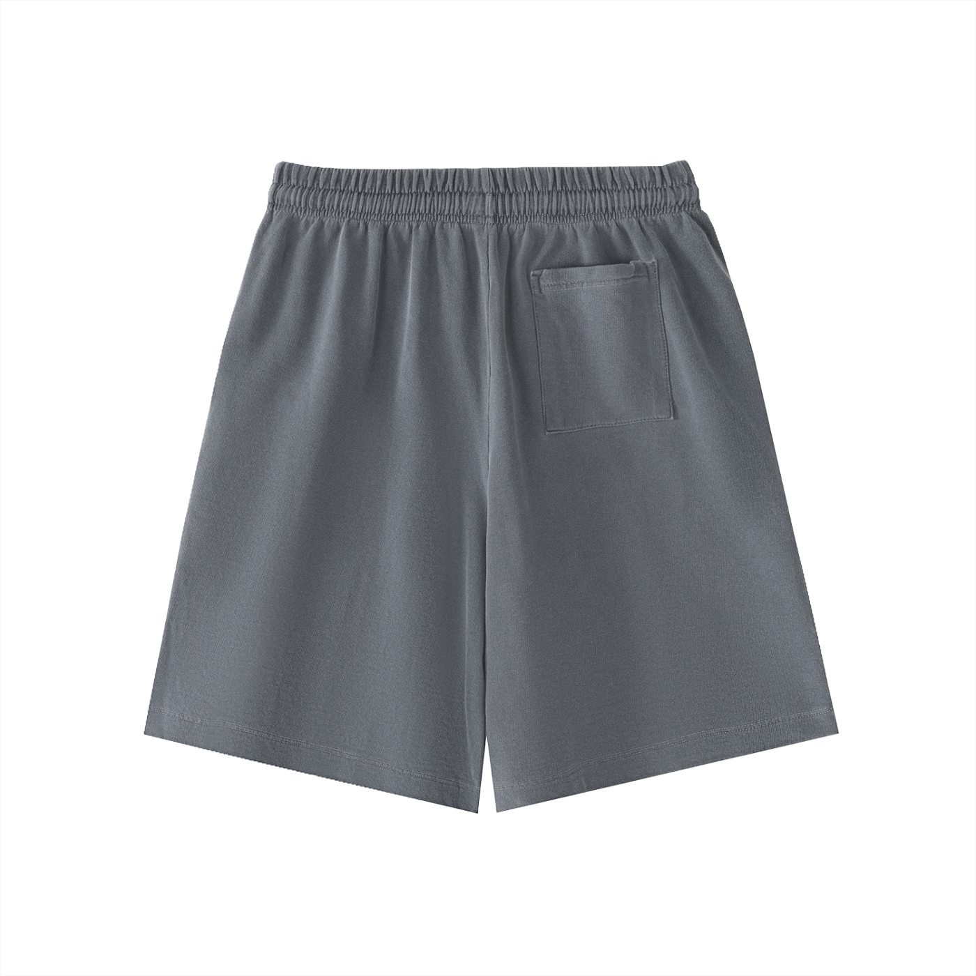 back view flat lay of grey vintage wash drawstring cotton shorts with pocket