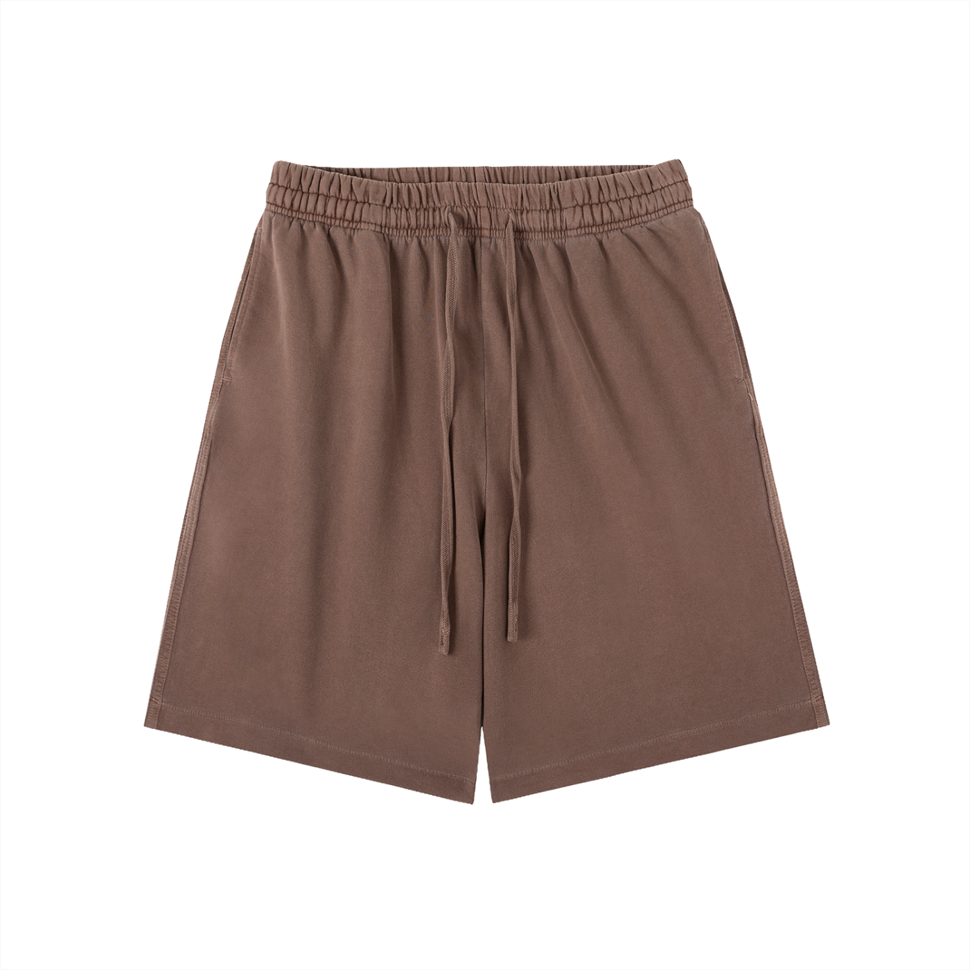 flat lay of brown vintage wash cotton drawstring shorts 