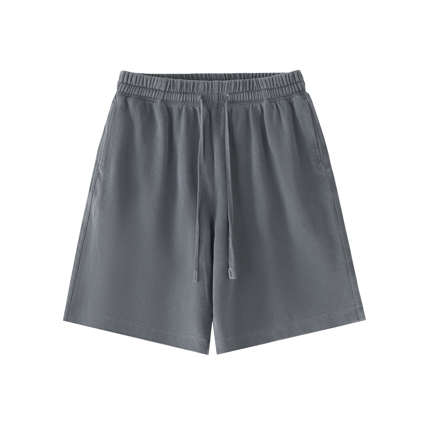 front view flat lay of grey vintage wash cotton drawstring shorts