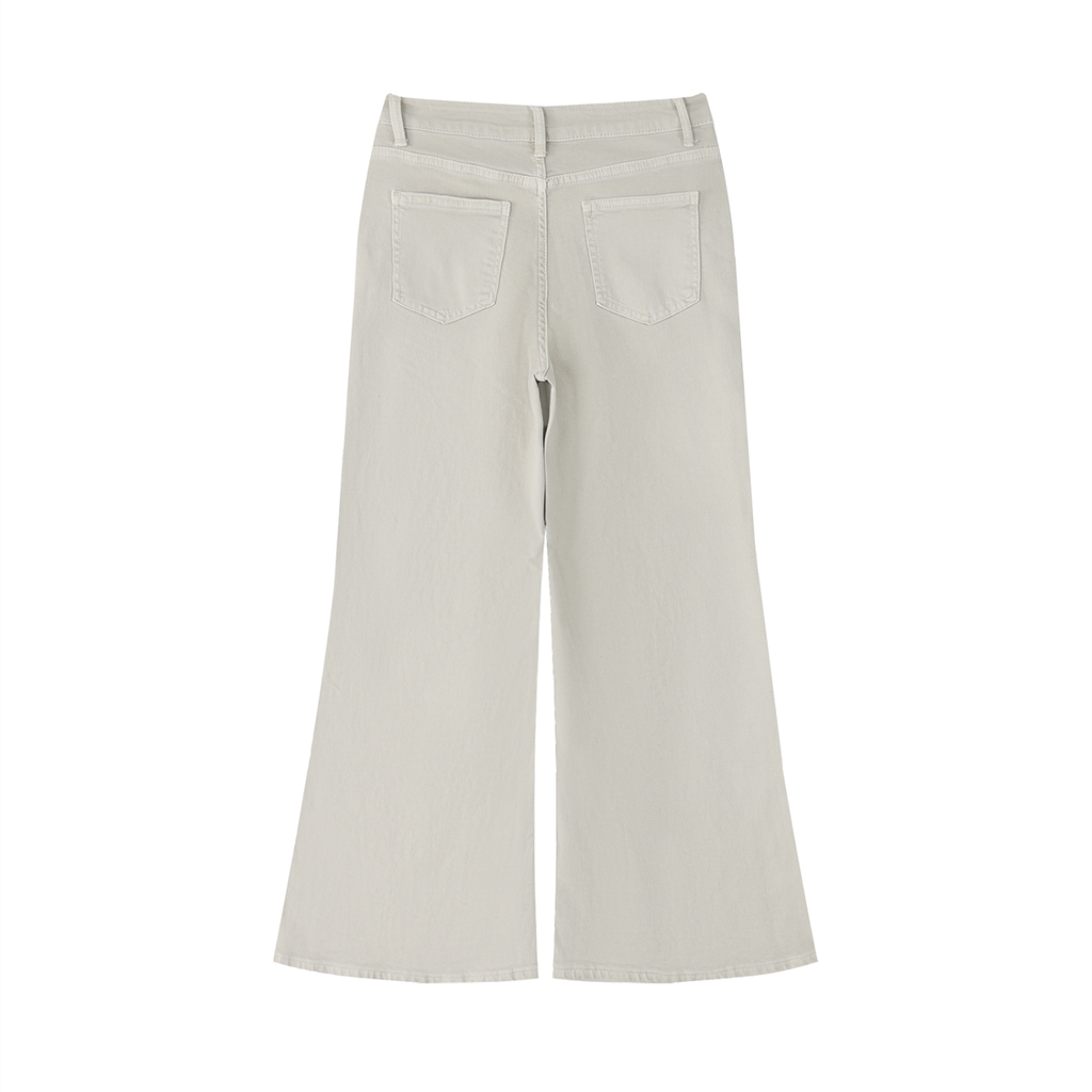 Back View of Beige Women's Vintage Wash Flared Leg Jeans 