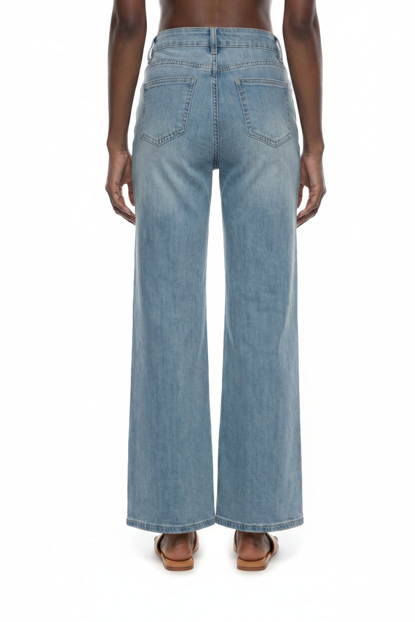 back view of casual flare legged jeans