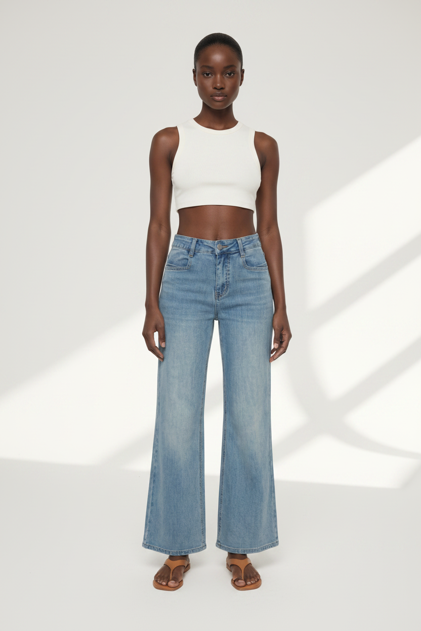 vintage wash flared jeans front view