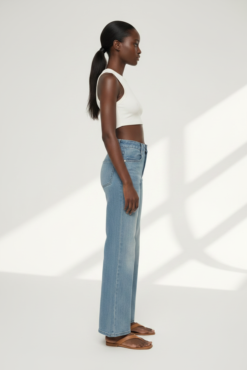 high rise flare legged denim jeans model side view