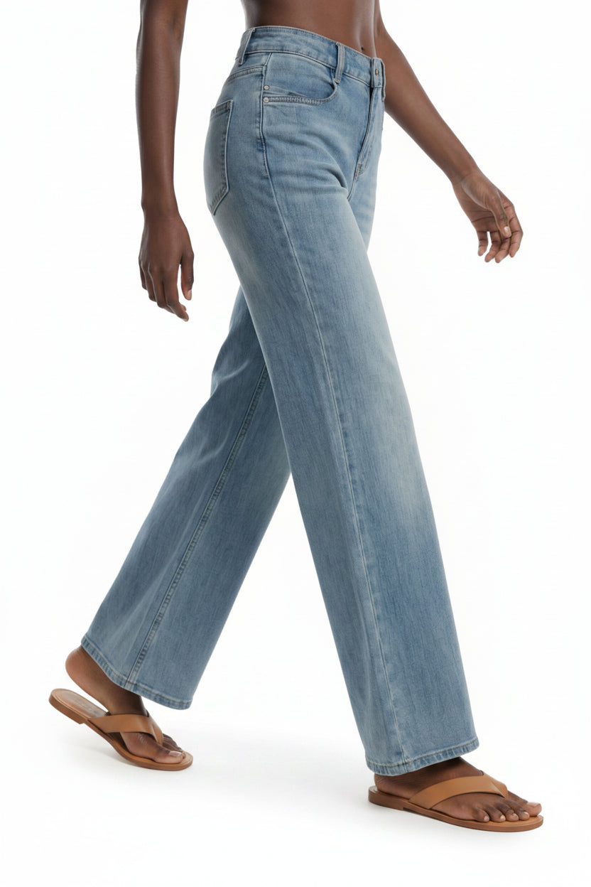 side view of flared denim jeans