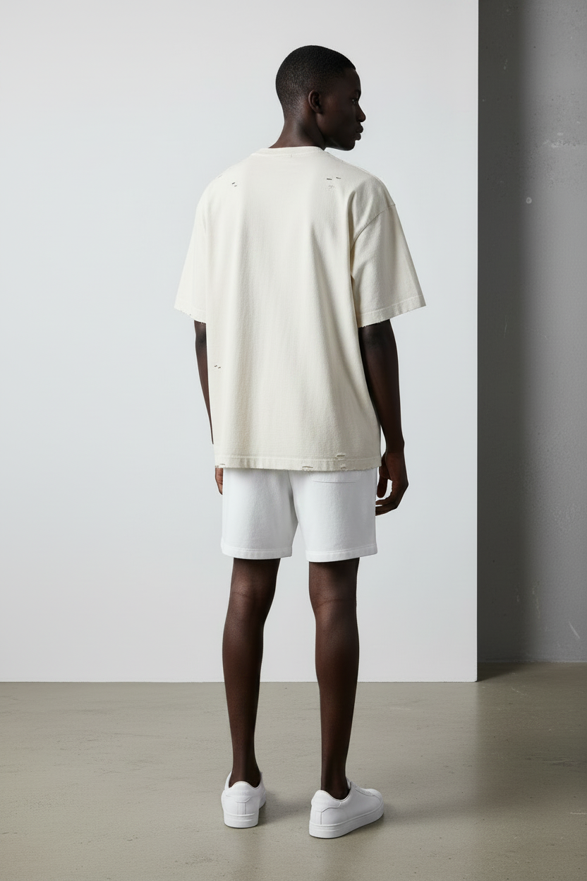 model wearing boxy fit distressed t-shirt casual everyday style
