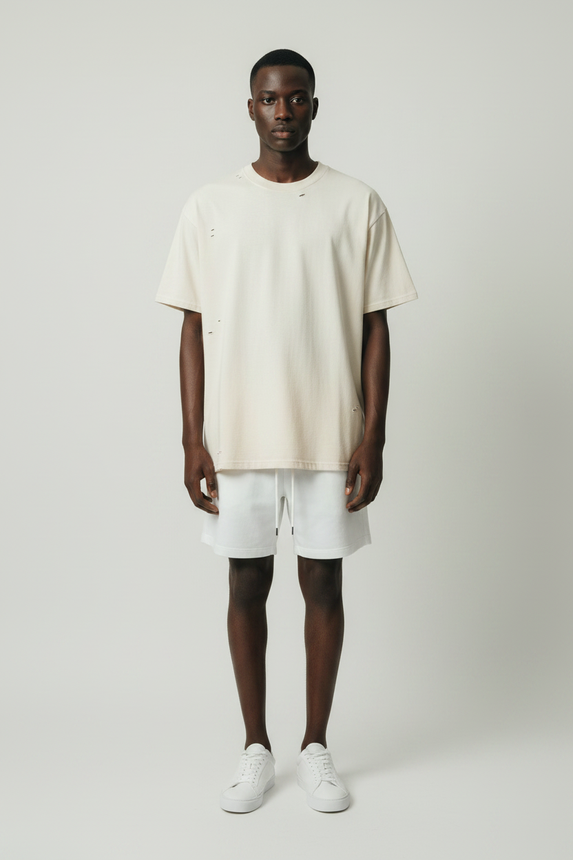 male model wearing vintage wash distressed boxy t-shirt front view