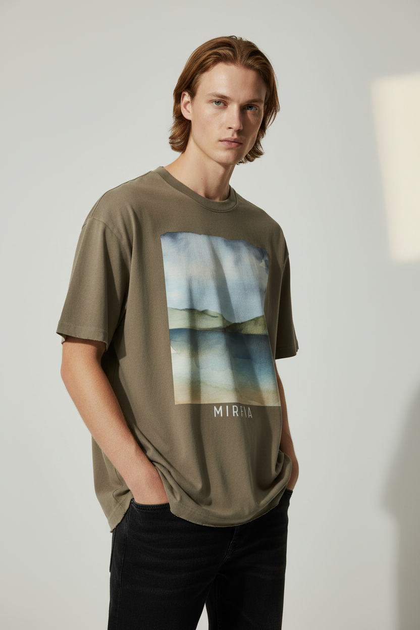 model wearing brown relaxed fit heavyweight vintage washed graphic t-shirt 