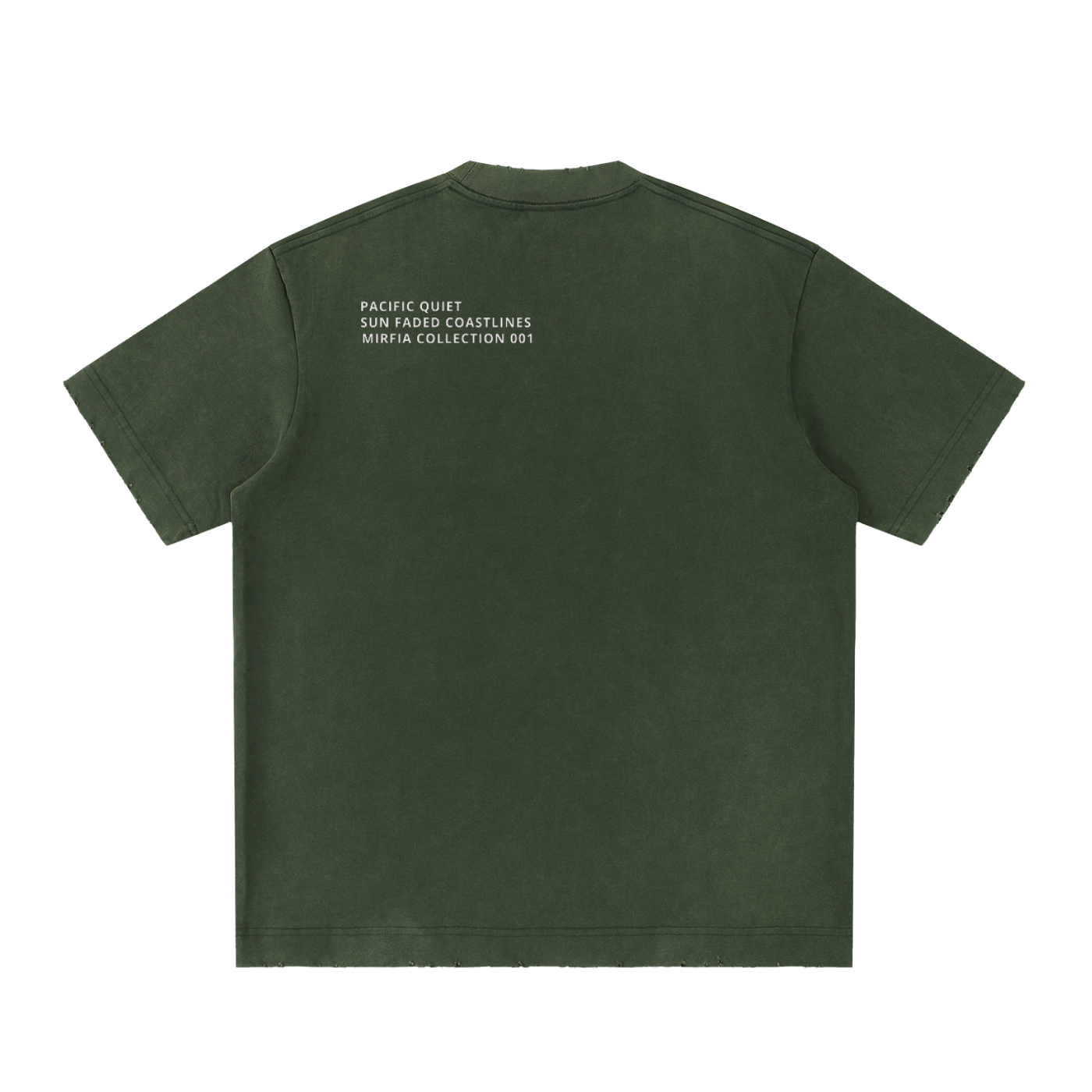 back view of green vintage washed heavyweight graphic t-shirt with text