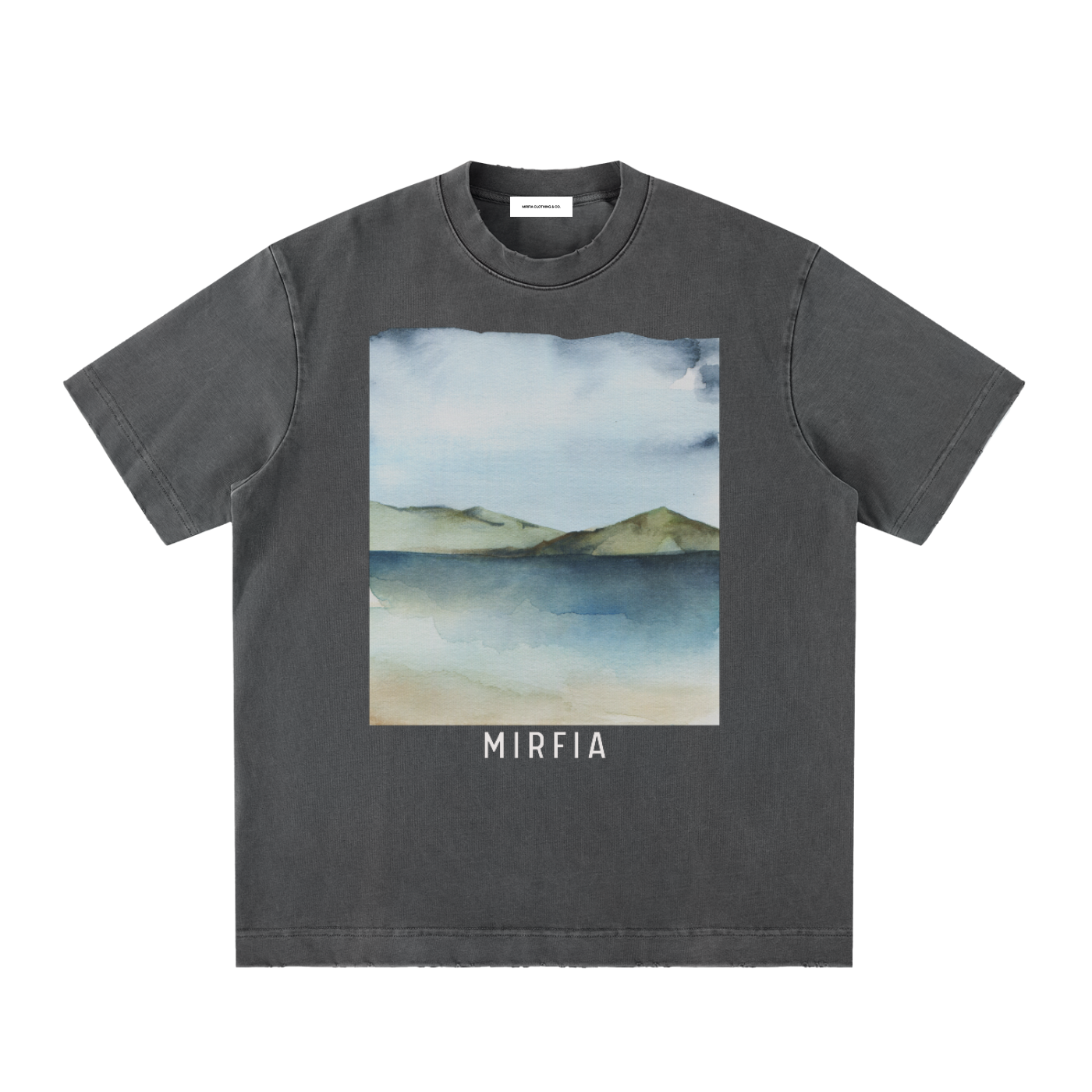 casual grey vintage style cotton t-shirt mountain ocean artwork