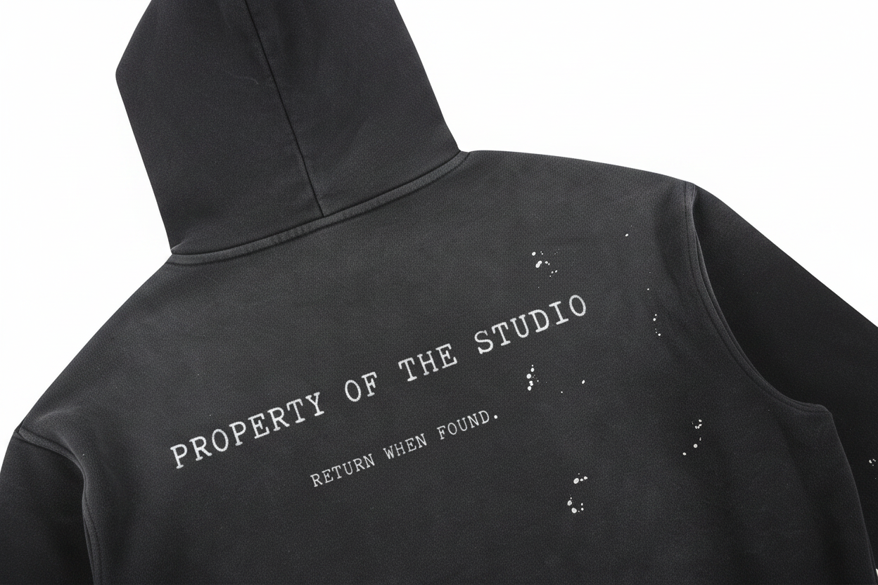relaxed fit vintage washed hoodie back close-up with text