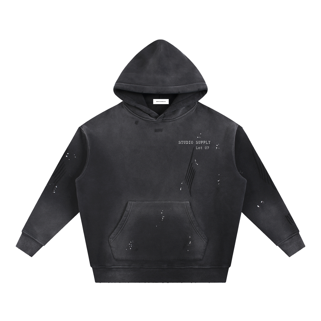 vintage washed frayed fleece hoodie black flat lay