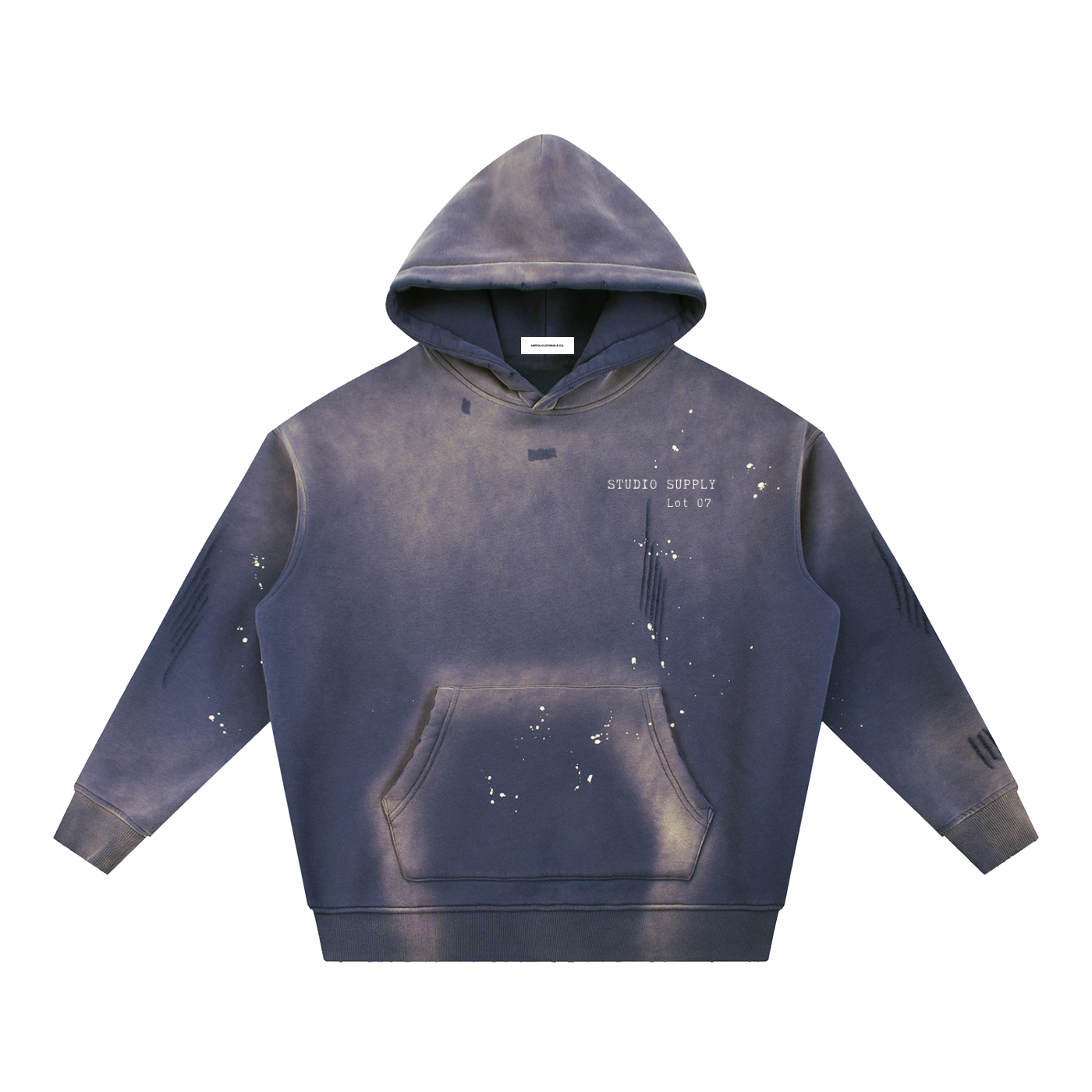 front view flat lay of navy blue vintage washed frayed fleece hoodie