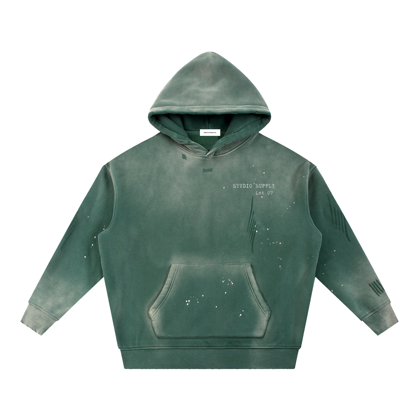 flat lay of green vintage washed frayed casual fleece hoodie 