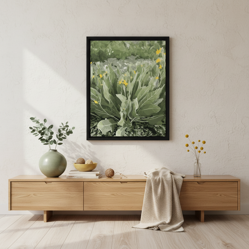 Framed wildflower print above a wooden console table with decorative items.