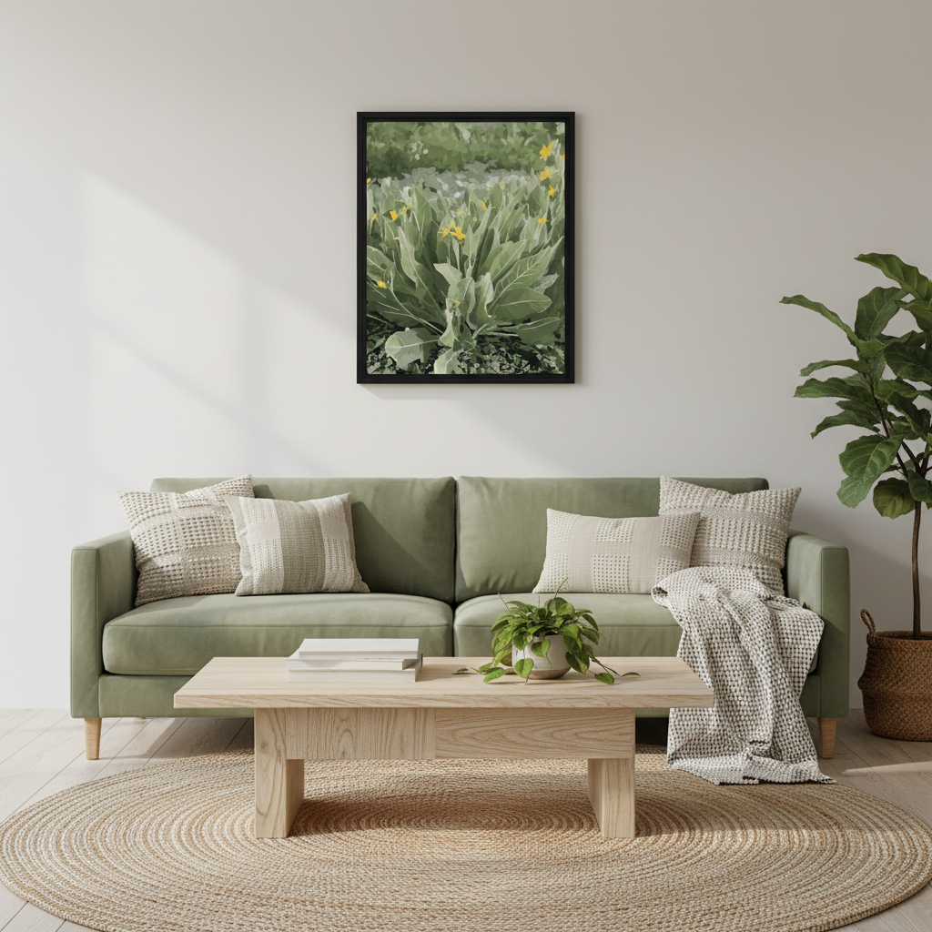 Living room with a wildflower framed canvas print on the wall, green sofa, wooden coffee table, and plant decor.