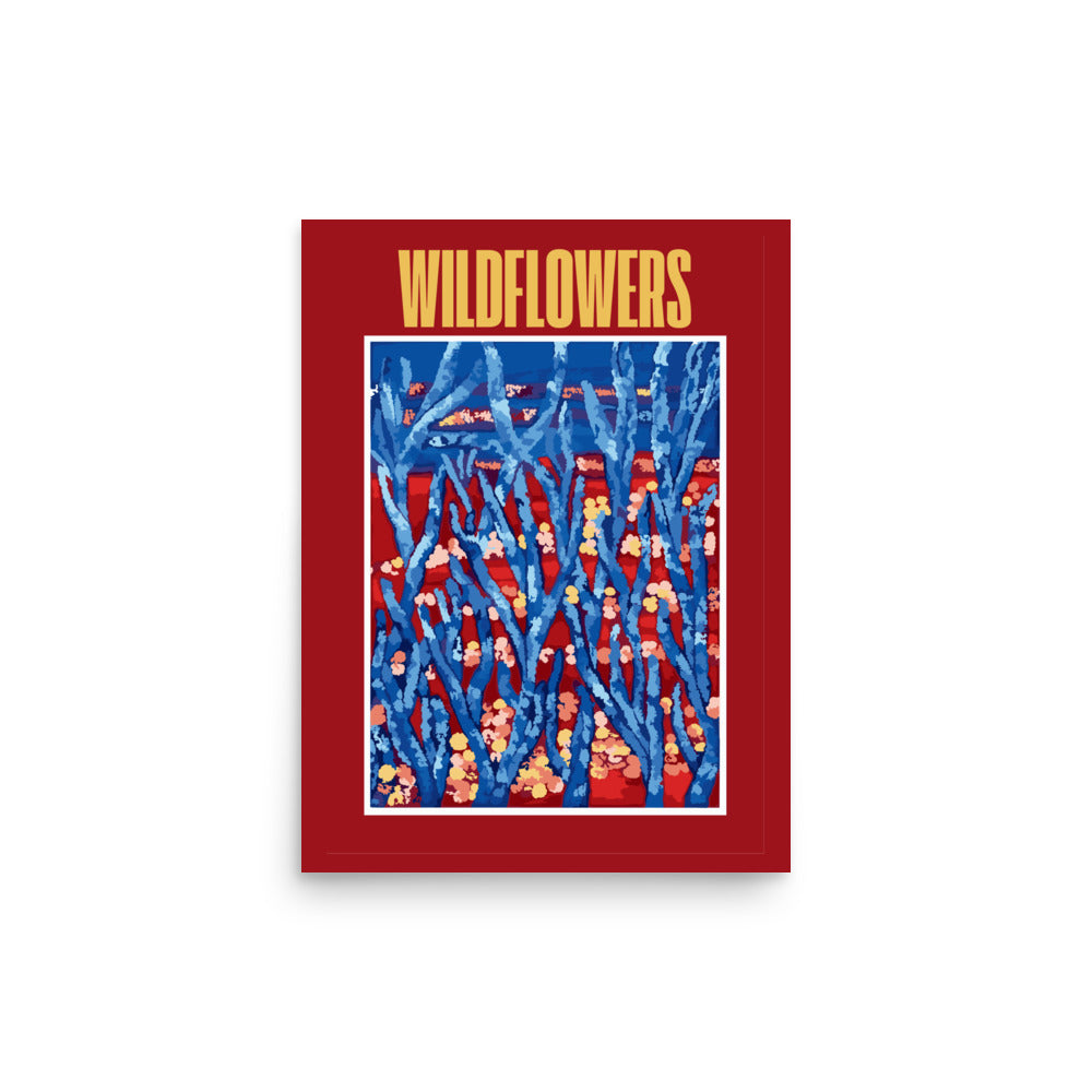 abstract floral wall art print with blue branched and wildflower details on a warm red background