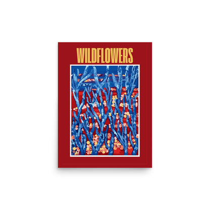 abstract floral wall art print with blue branched and wildflower details on a warm red background