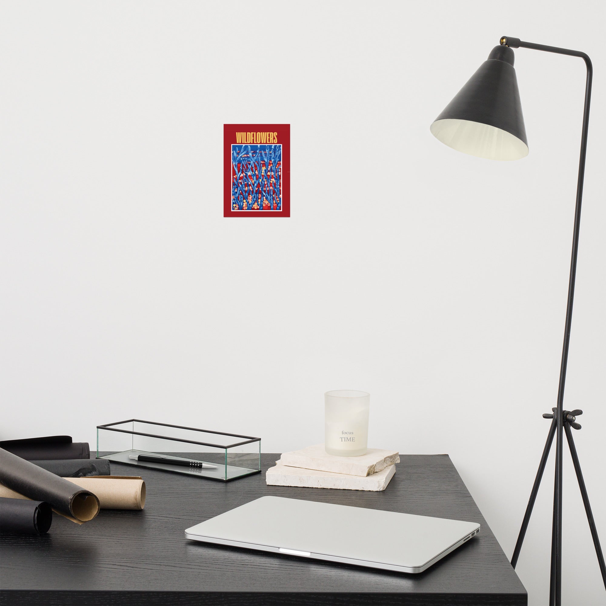 small contemporary floral wall art poster with bold blue and red tones for office 