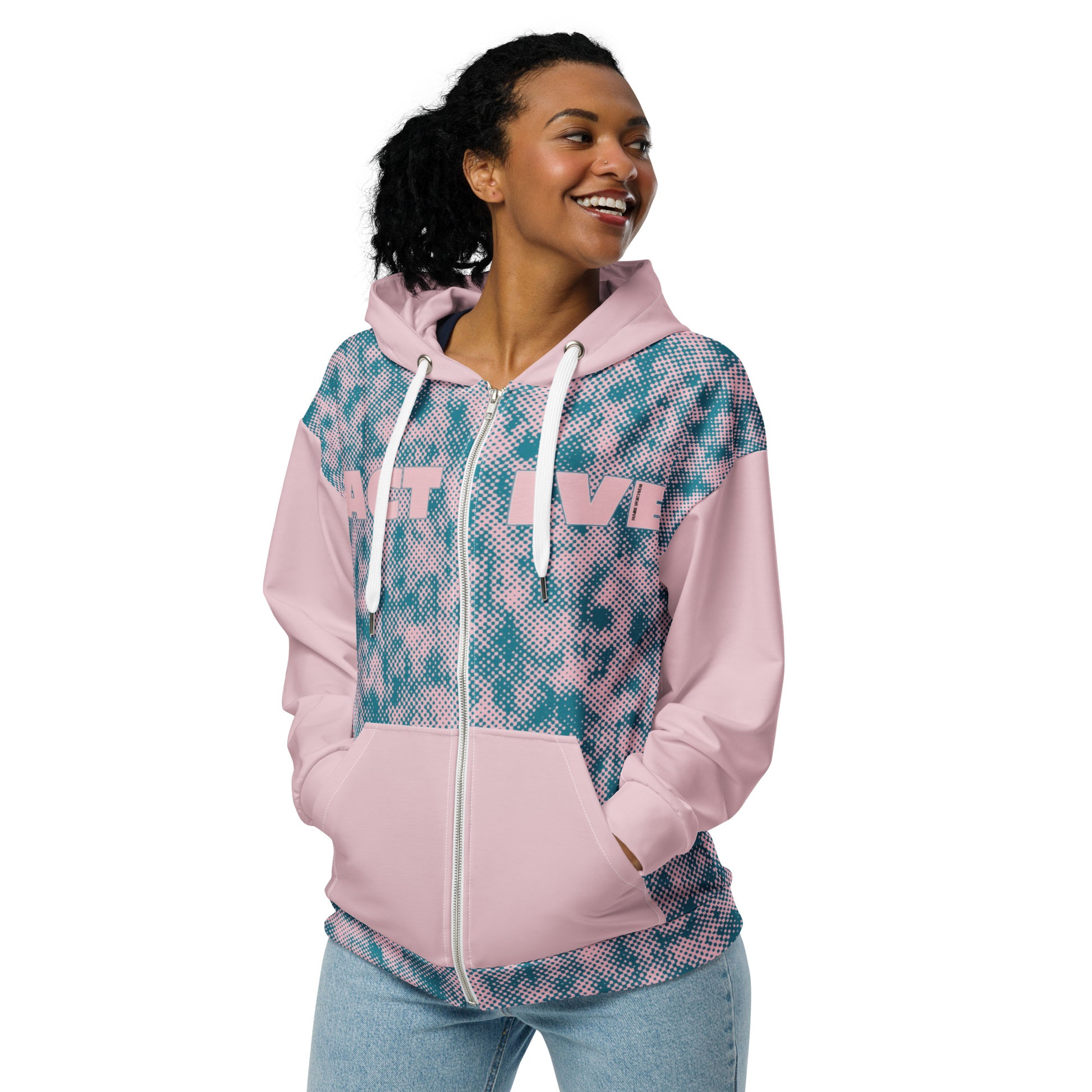 recycled full zip hoodie all over print pink