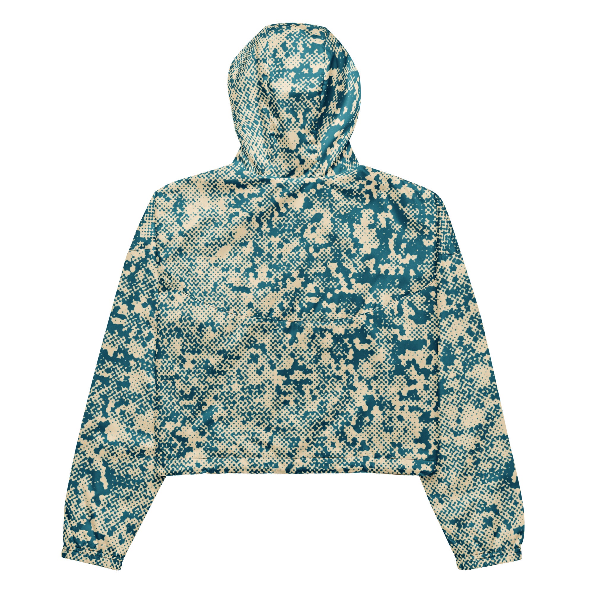 Teal and beige patterned windbreaker hoodie on a white background