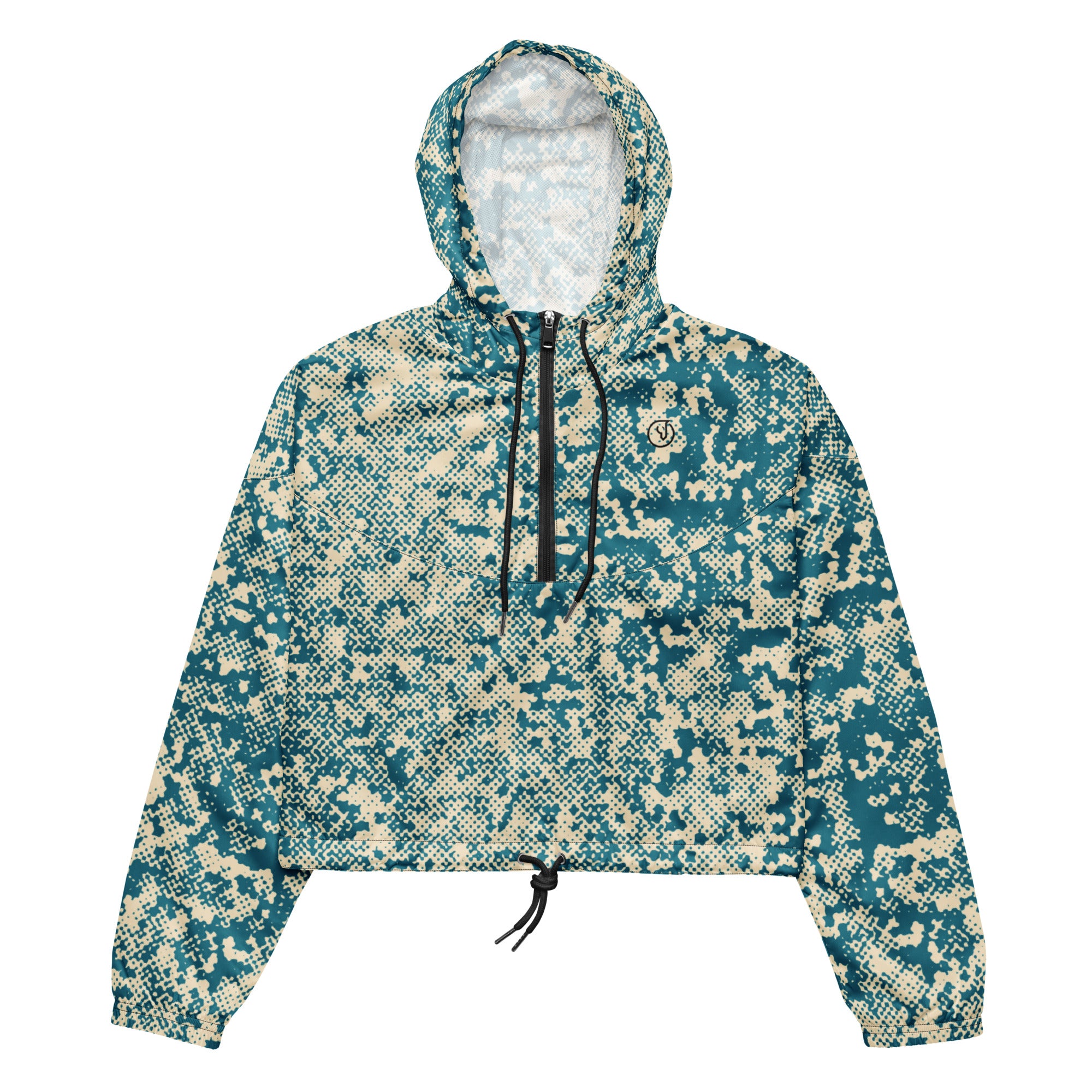 Camouflage-patterned windbreaker hoodie on a white background