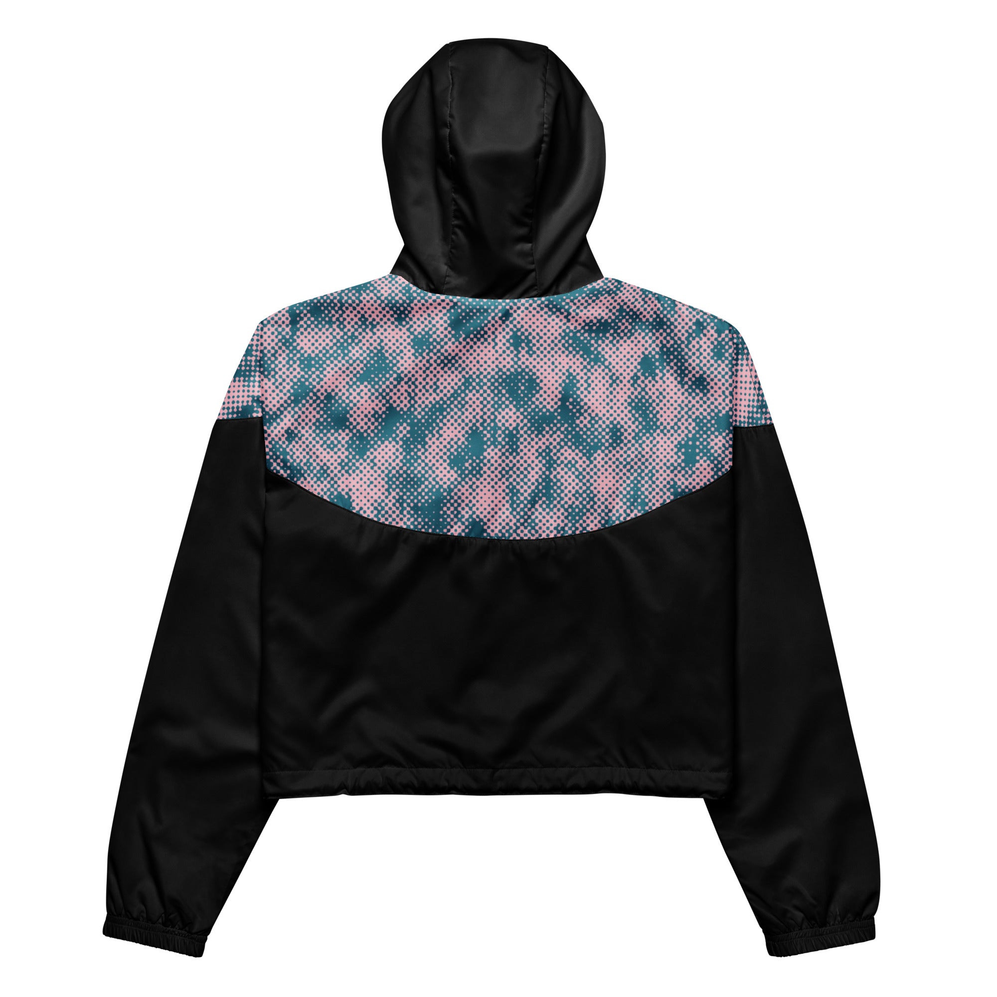 women's black multicolored cropped windbreaker hoodie back view