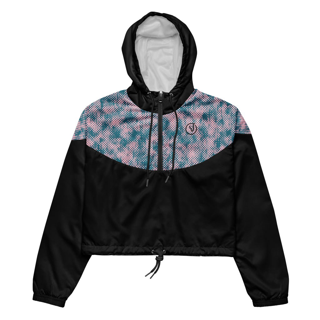 A women's cropped windbreaker with blue geometric pattern on the upper part and black fabric on the lower part, featuring a hood with adjustable drawcord, side-slit pockets, and a half-zippable front.