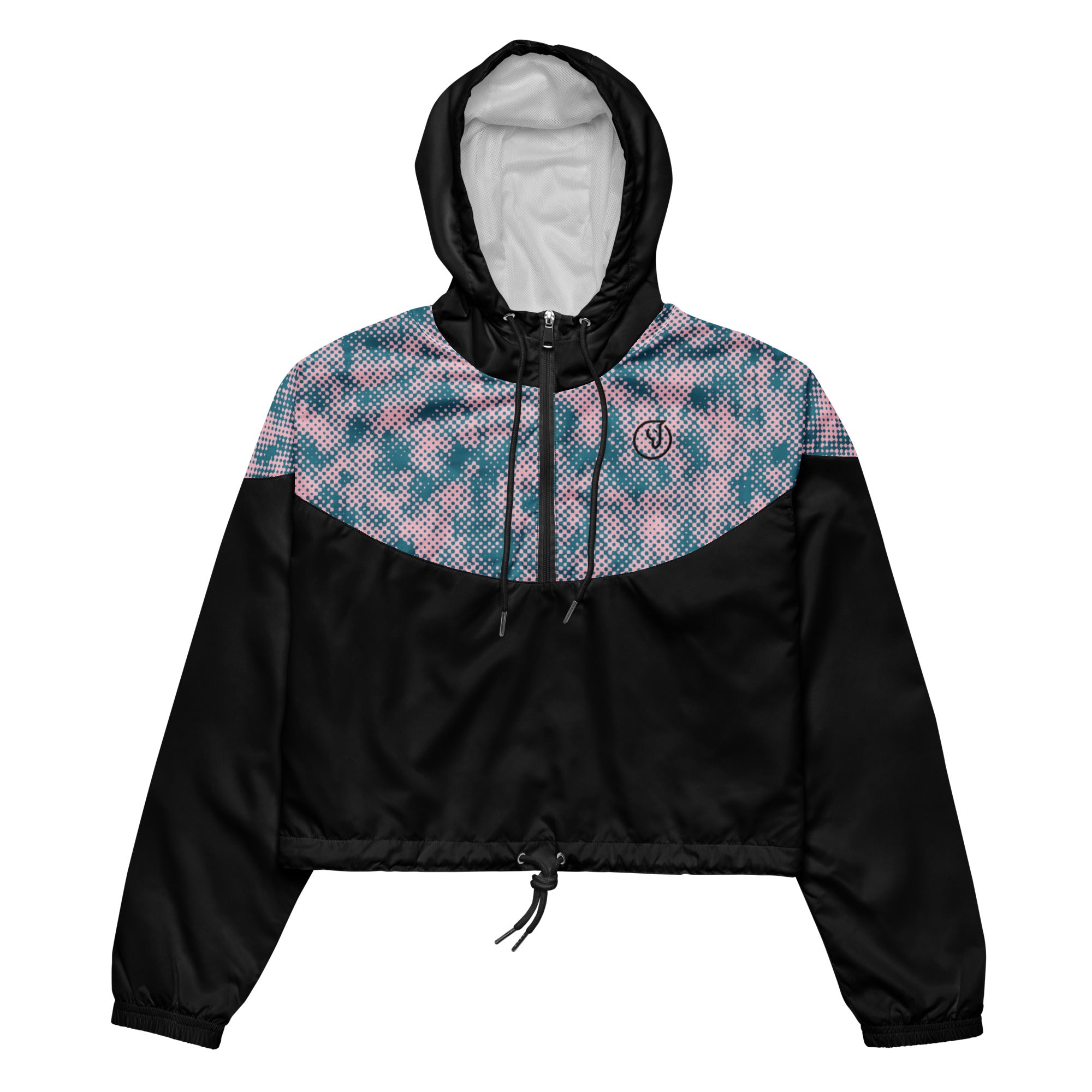 A women's cropped windbreaker with blue geometric pattern on the upper part and black fabric on the lower part, featuring a hood with adjustable drawcord, side-slit pockets, and a half-zippable front.