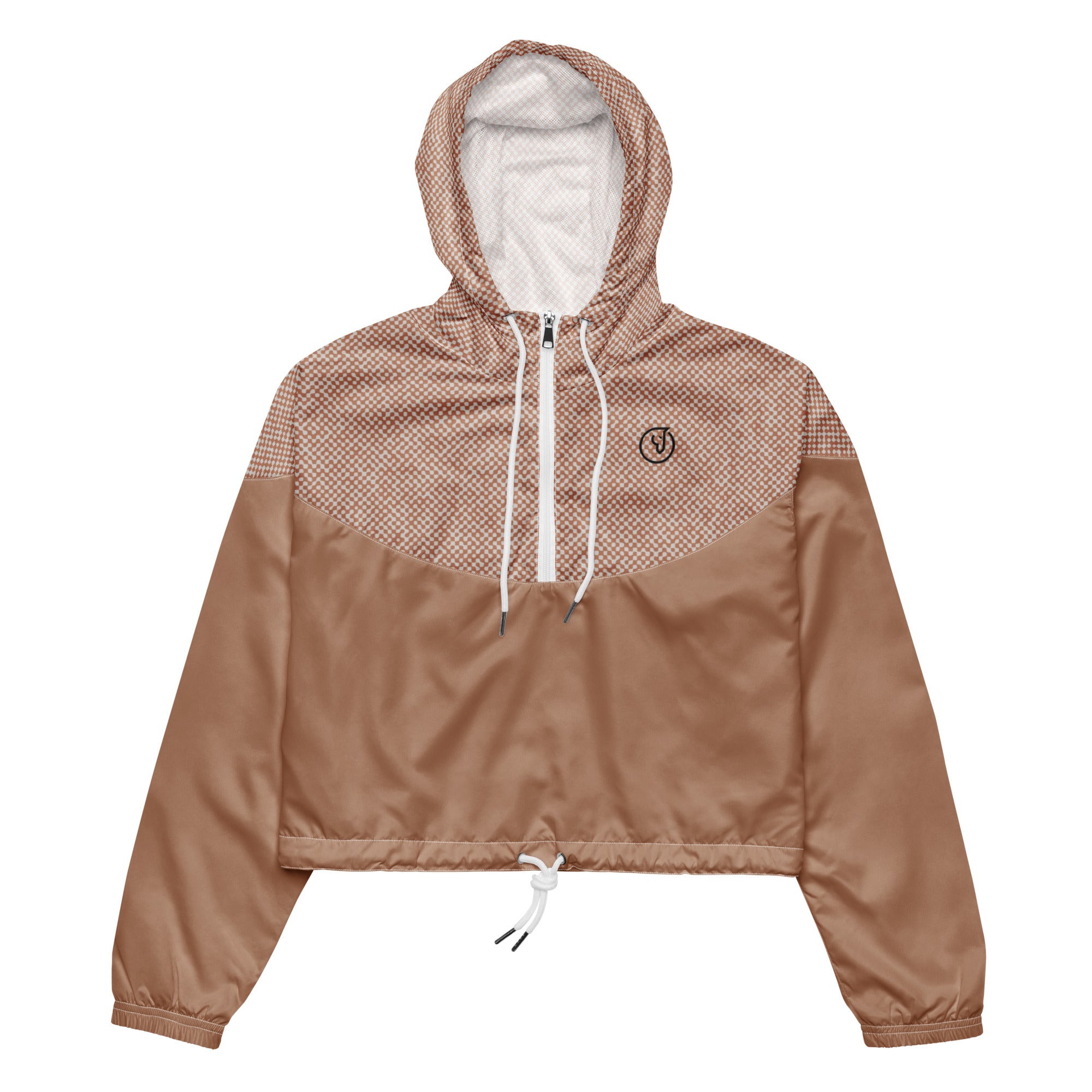 A women's brown cropped windbreaker with a hood, featuring a breathable mesh lining, side-slit pockets, and adjustable drawcords on the hood and waist.