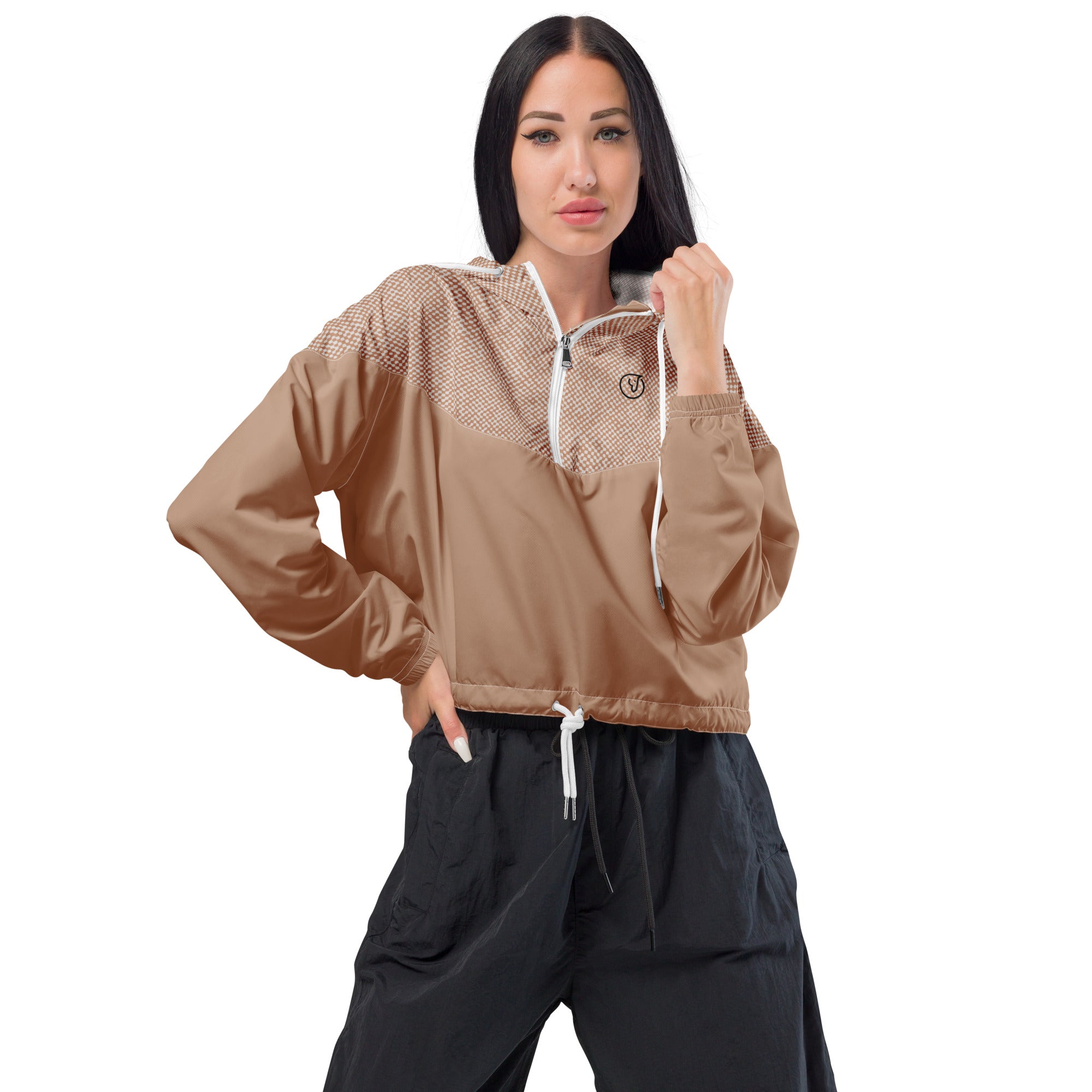 A women's brown cropped windbreaker with a hood, featuring a breathable mesh lining, side-slit pockets, and adjustable drawcords on the hood and waist.