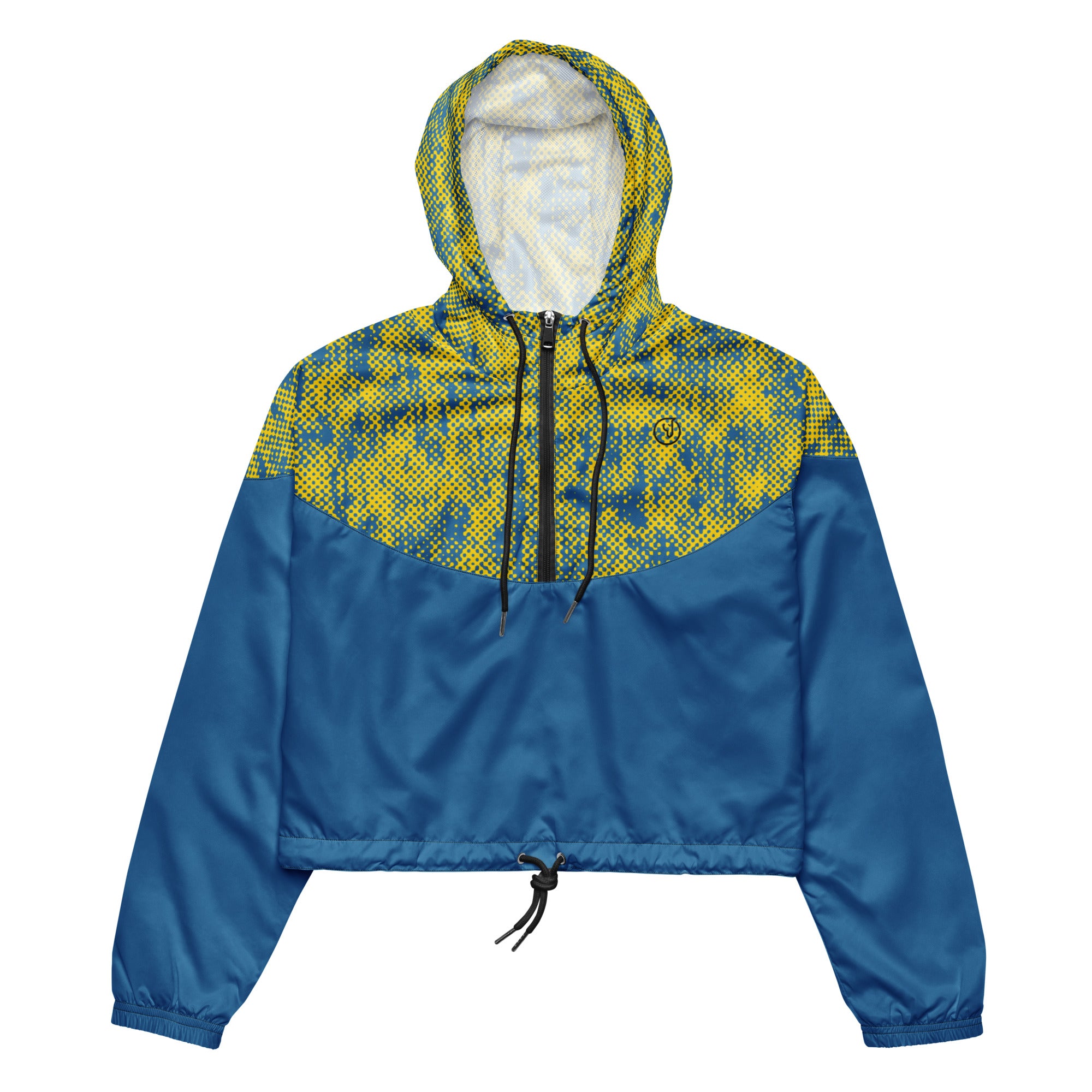 Blue and yellow patterned windbreaker jacket on a white background
