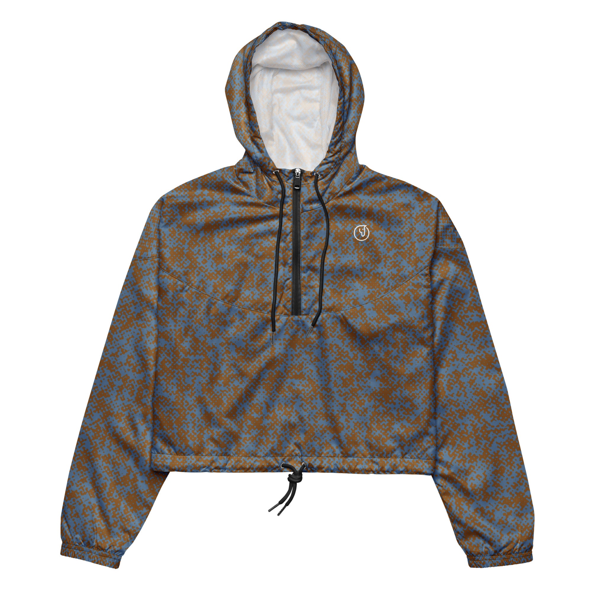 Camouflage-patterned windbreaker jacket hoodie on a white background