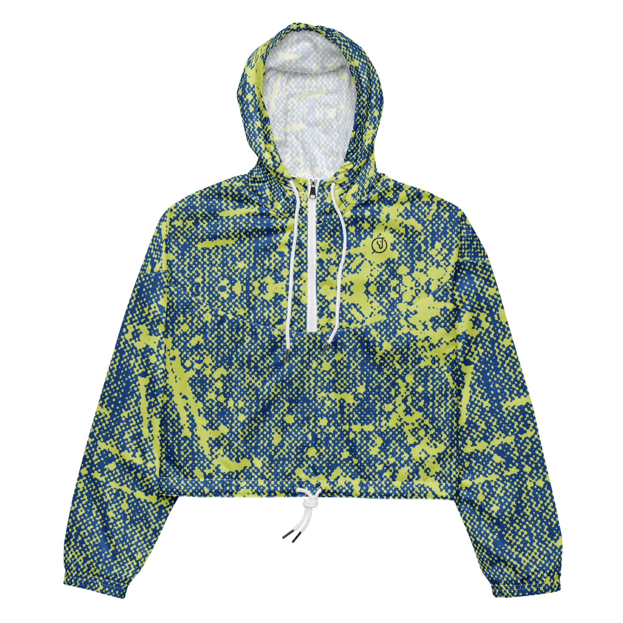 A blue and multicolored cropped windbreaker jacket with a hood, featuring side-slit pockets and an adjustable drawcord waist.